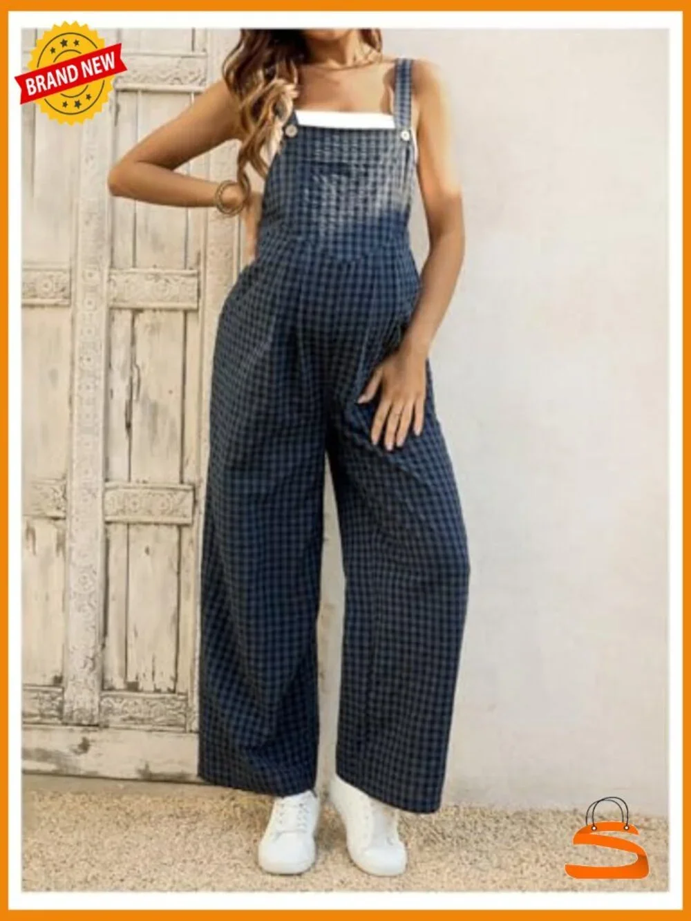Maternity Gingham Overalls Wide Leg Sleeveless Plaid Print Button Closure